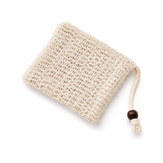 A square cream-colored cotton mesh bag with a drawstring cord and a dark brown wooden bead, shown on a clean white background.