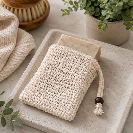 A cream-colored woven cotton soap dish with a drawstring tassel, holding a bar of soap, styled on a textured stone tray with a sponge, towel, and potted plant.