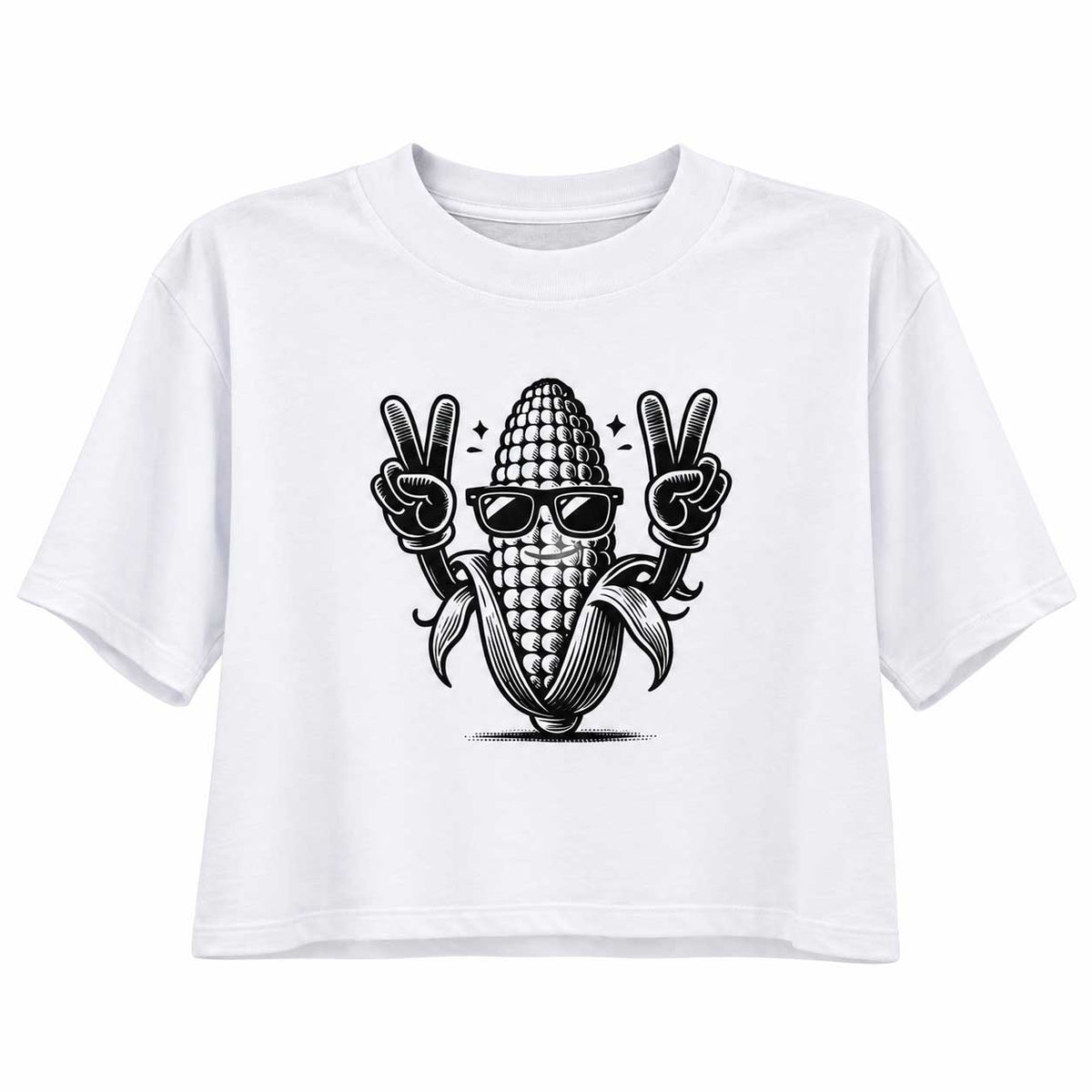 A white short-sleeve crop top t-shirt featuring a black graphic of a corn cob wearing sunglasses and making peace signs.