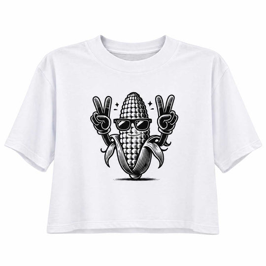 A white short-sleeve crop top t-shirt featuring a black graphic of a corn cob wearing sunglasses and making peace signs.