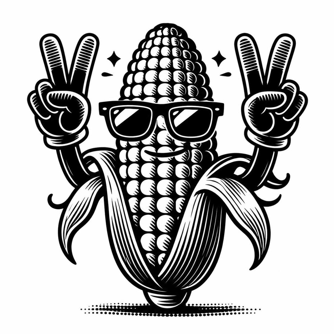 Black and white retro vector illustration of a cartoon corn character wearing sunglasses and making peace signs with both hands.