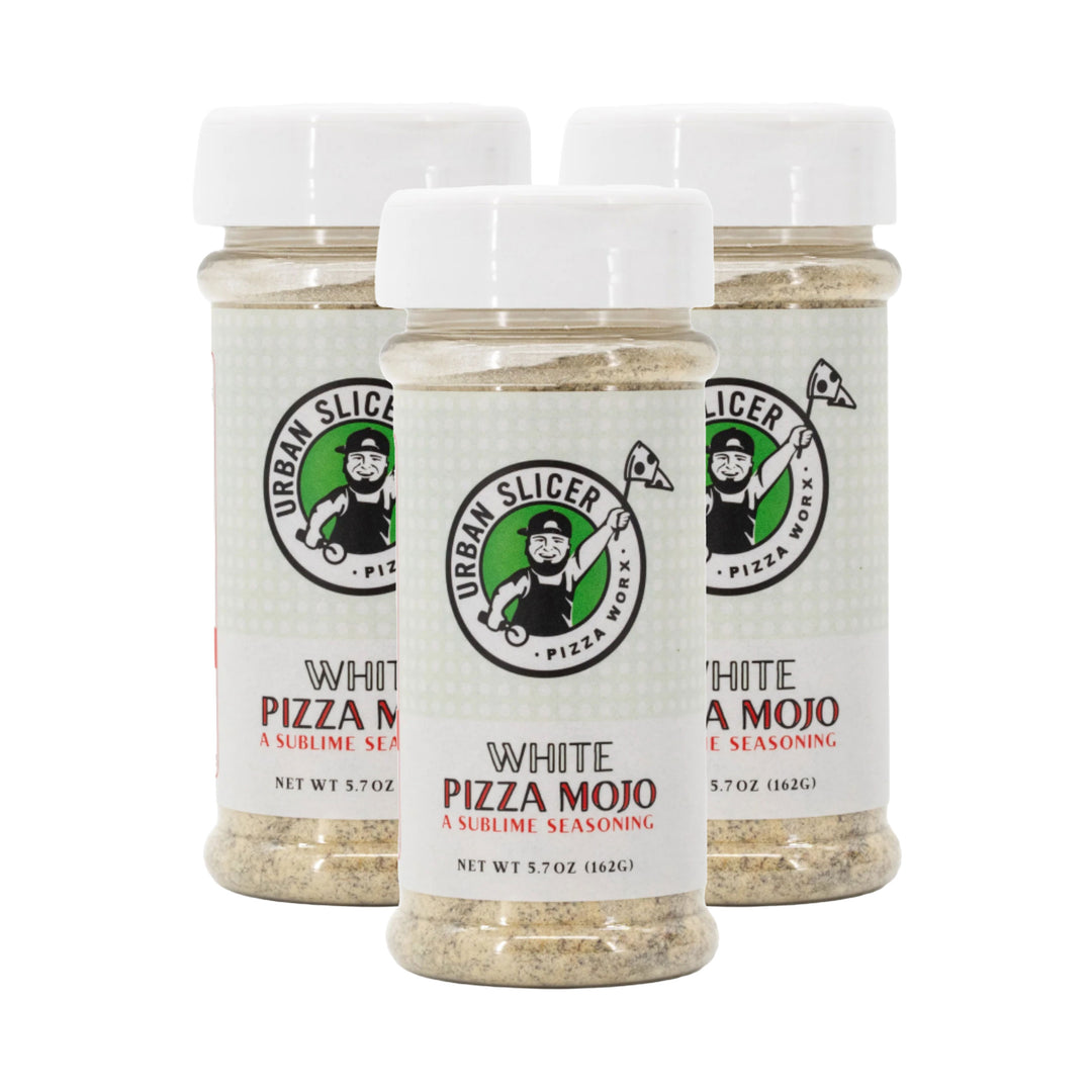 Three jars of Urban Slicer White Pizza Mojo seasoning on a white background