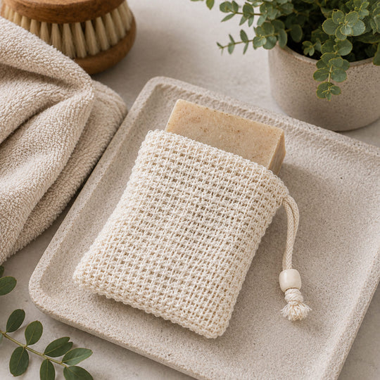 A beige woven soap bag with a drawstring closure holding a bar of soap, styled on a textured beige tray with a folded towel, brush, and potted plant in the background.