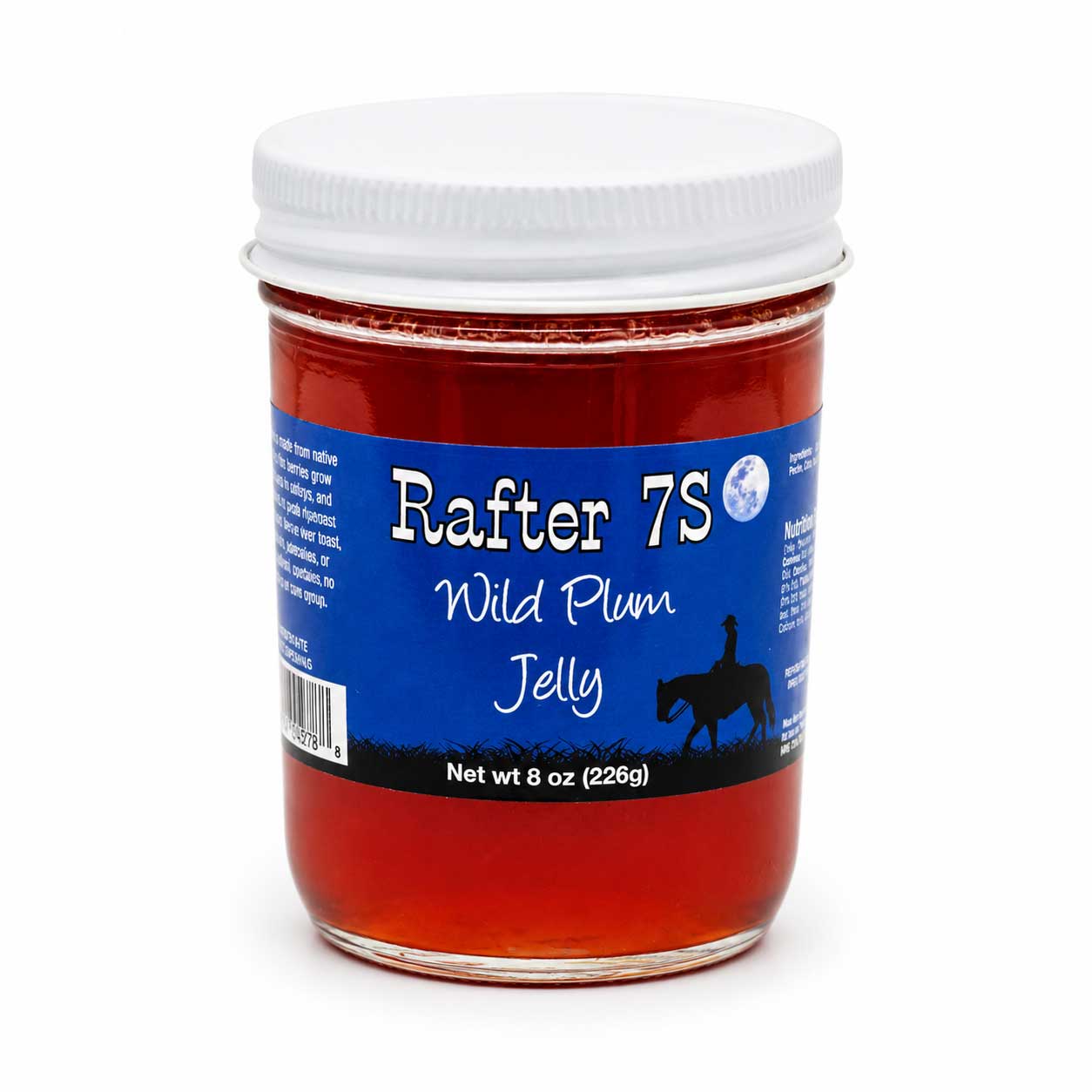 Jar of Rafter 7S Wild Plum Jelly with a blue label on a white background