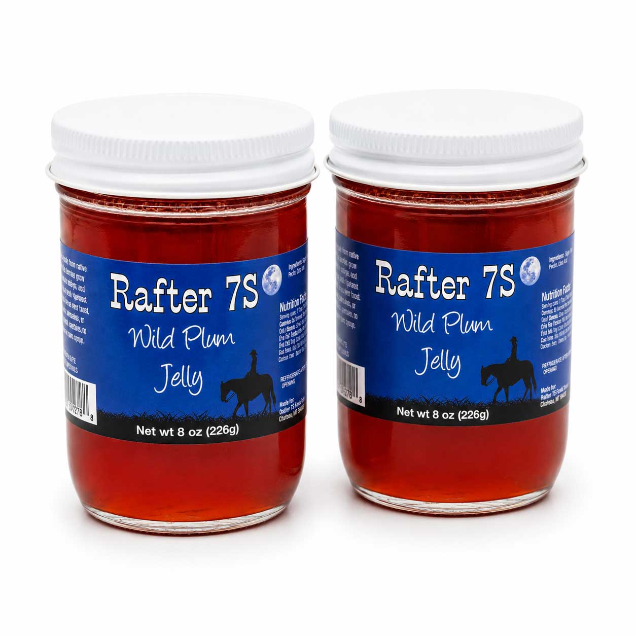 Two jars of Rafter 7S Wild Plum Jelly on a white background