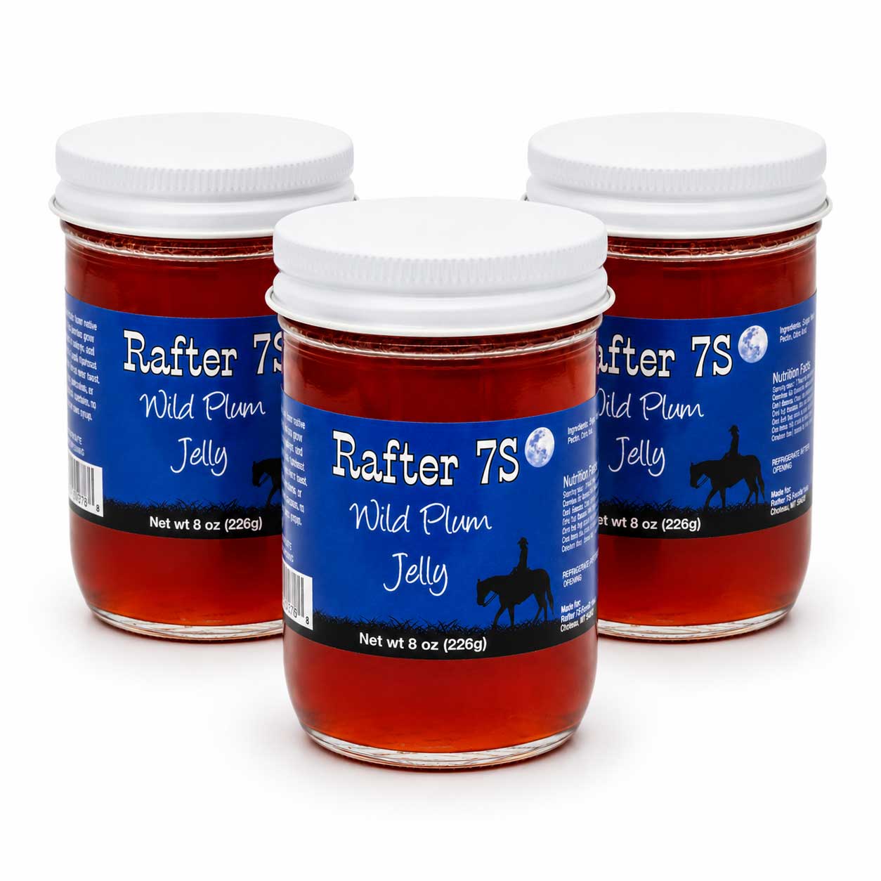 Three jars of Rafter 7S Wild Plum Jelly on a white background