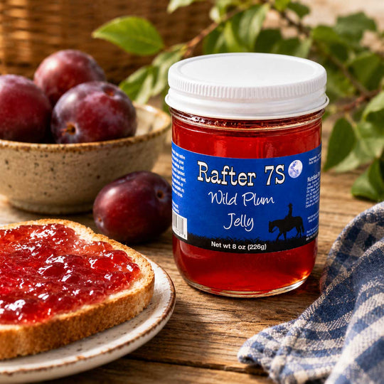 Jar of Rafter 7S Wild Plum Jelly with a slice of bread spread with jelly on a wooden surface.