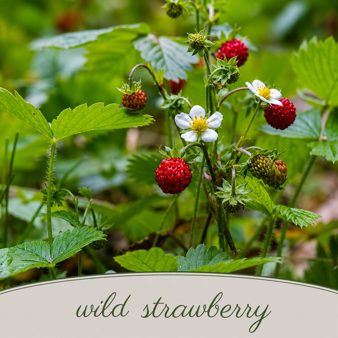 Wild strawberry plant with red berries and white flowers in a natural setting.