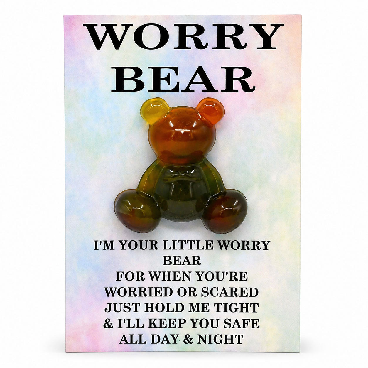 Colorful teddy bear with text on a rainbow gradient background