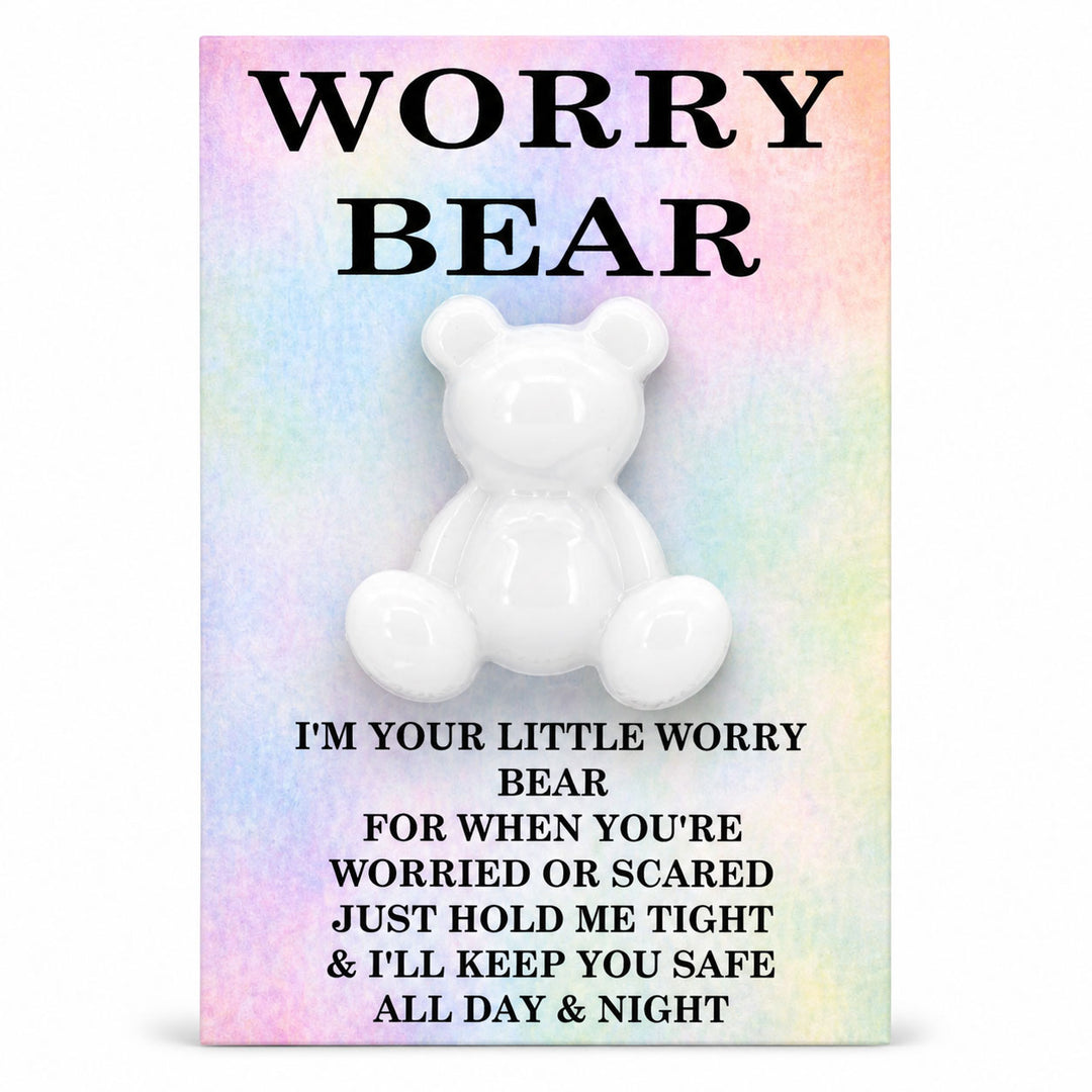 White bear toy with text on a colorful background