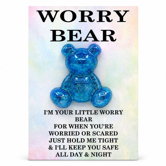 Blue glittery bear with text on a colorful background