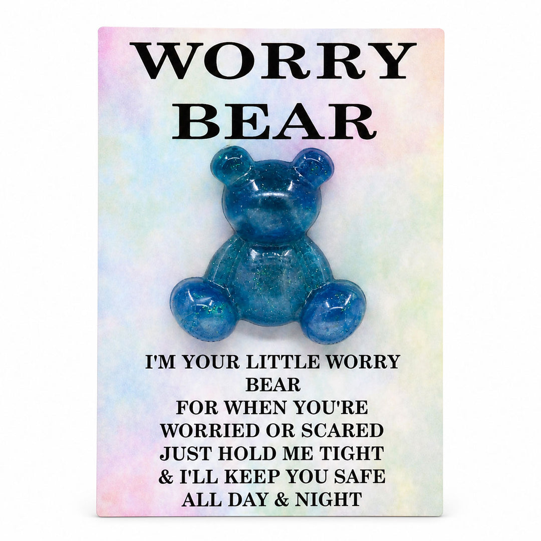 Blue gummy bear with text on a colorful background