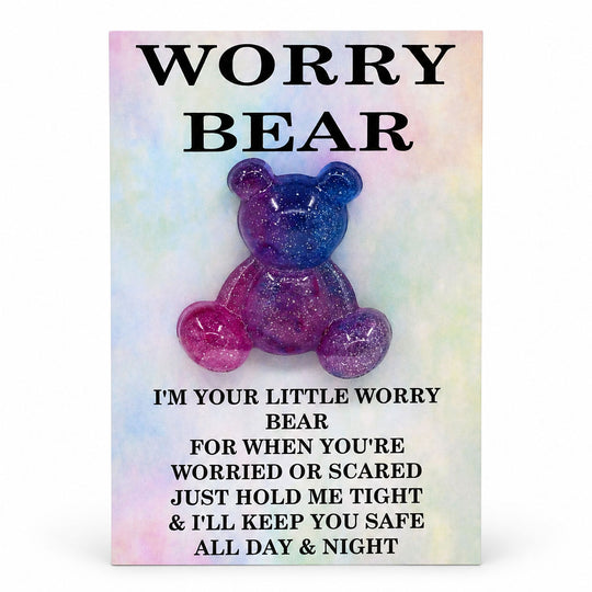 Glittery purple bear with text on a rainbow gradient background
