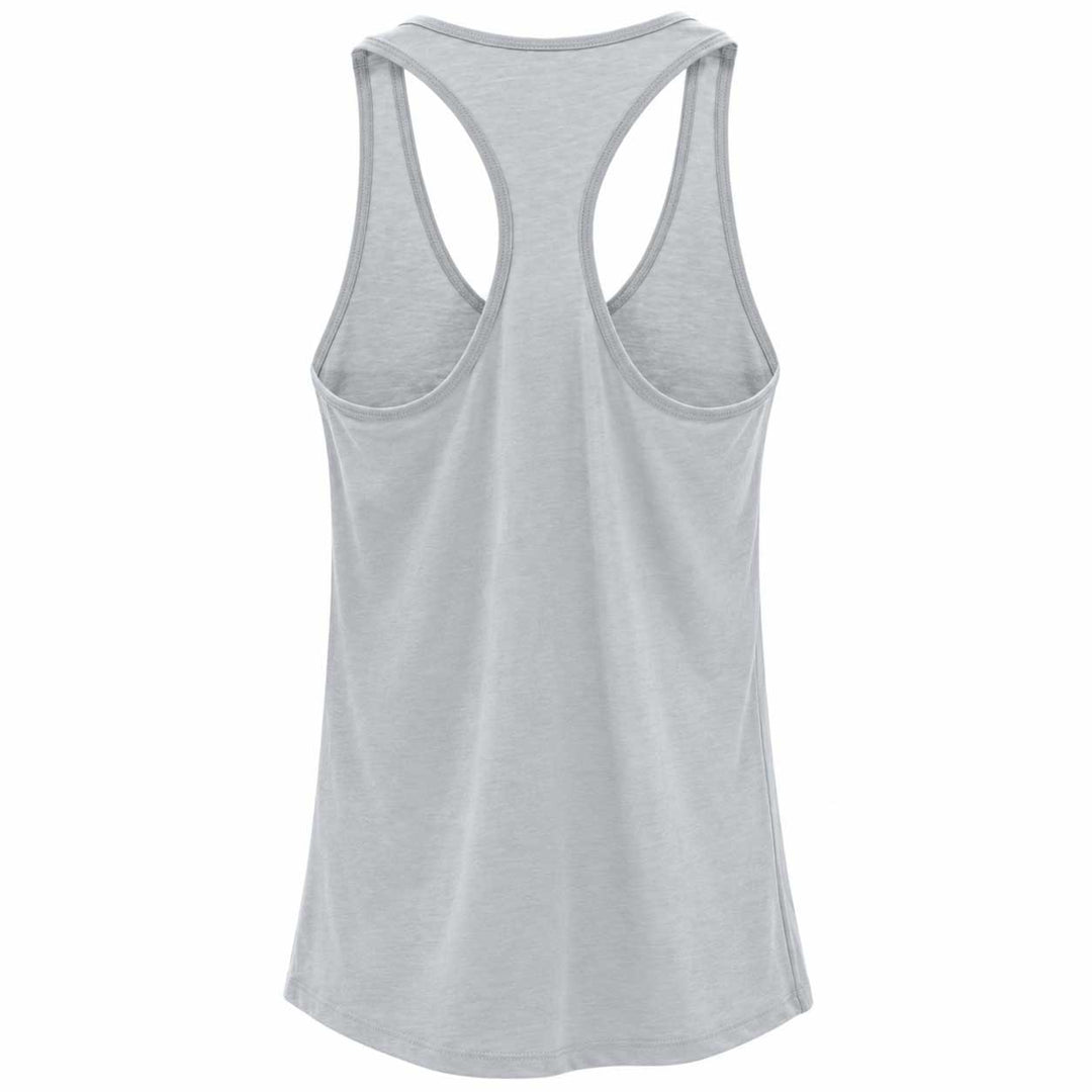 A light gray racerback tank top shown from the back, featuring a curved hem and open back design, displayed on a solid white background.