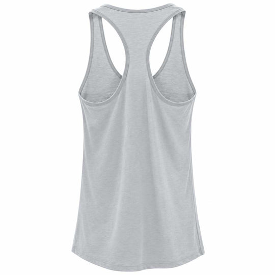A light gray racerback tank top shown from the back, featuring a curved hem and open back design, displayed on a solid white background.