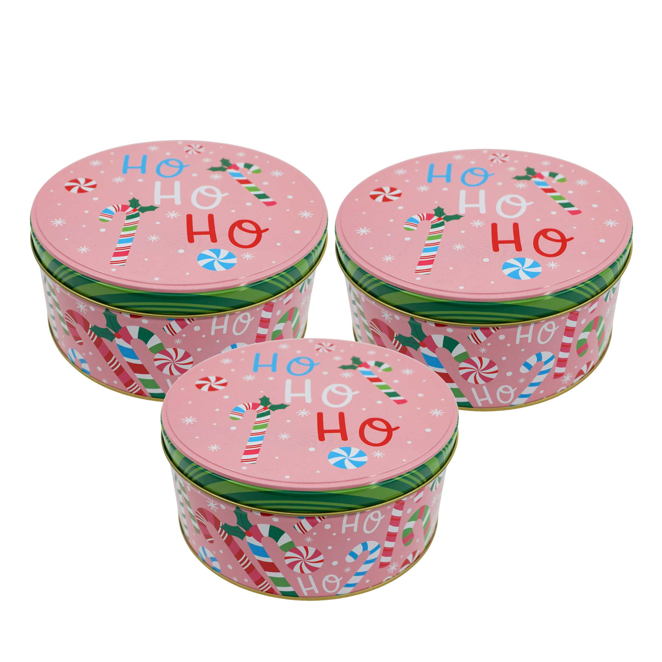 Three pink Christmas-themed tins with candy cane designs and 'HO HO HO' text on a white background.