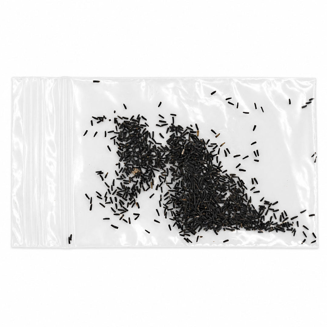 Clear plastic bag with black seeds or small objects on a white background