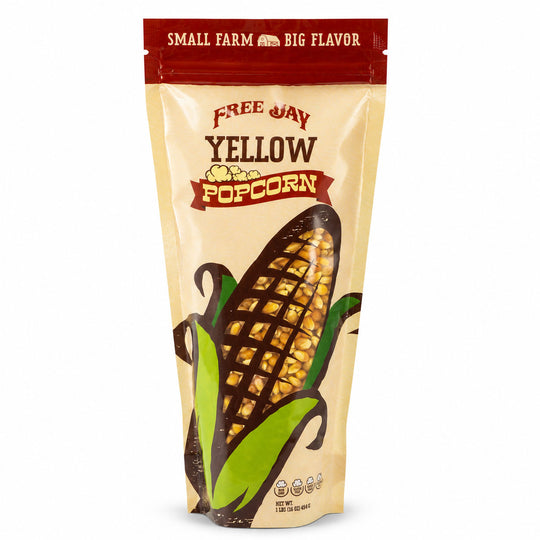 Free Jay Yellow Popcorn package with corn illustration on a white background