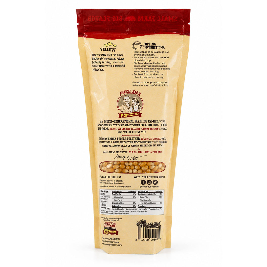 Back view of a Free Bird Popcorn bag with text and branding on a white background