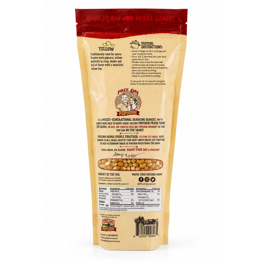 Back view of a Free Bird Popcorn bag with text and branding on a white background