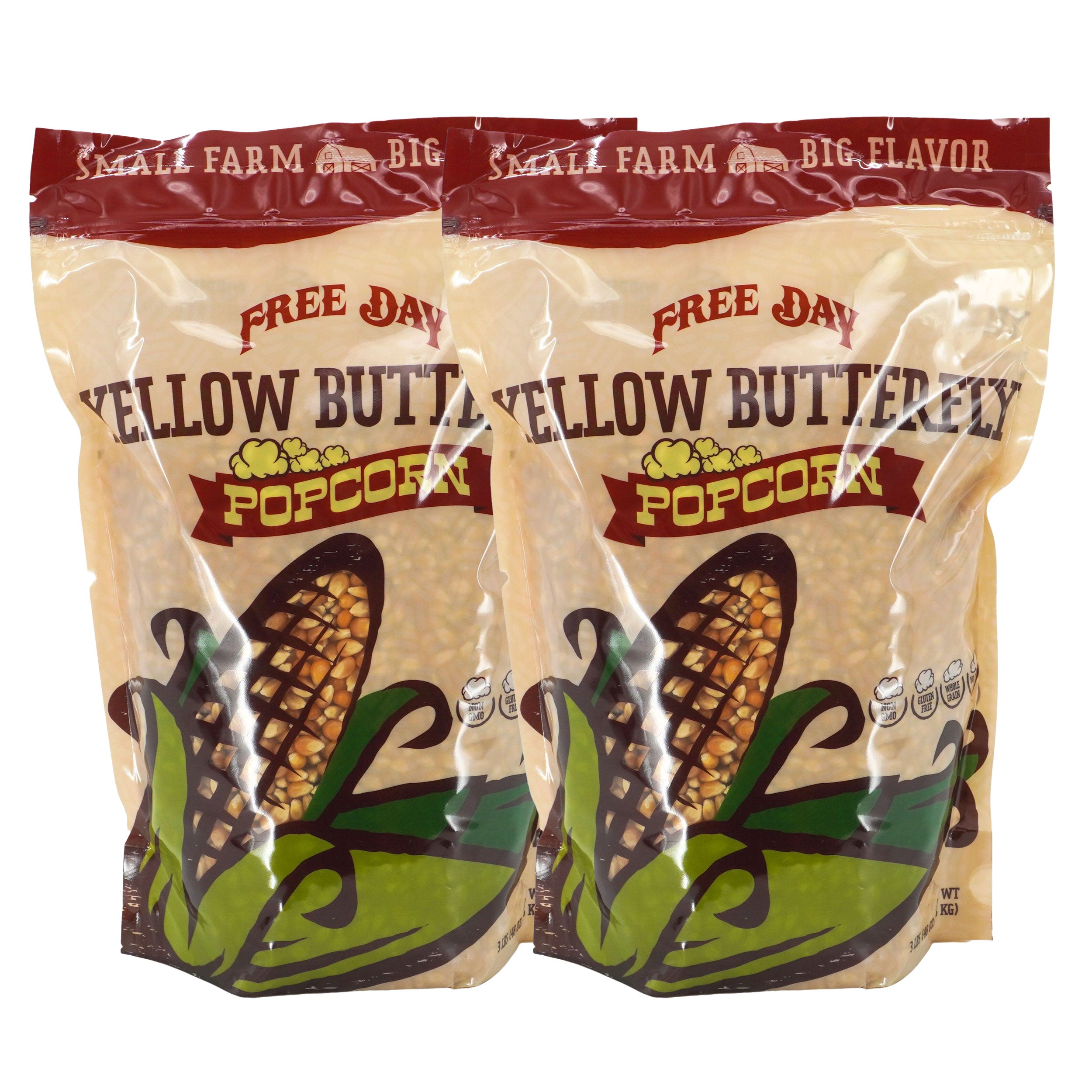Two packages of Free Day Yellow Butterfly Popcorn on a white background