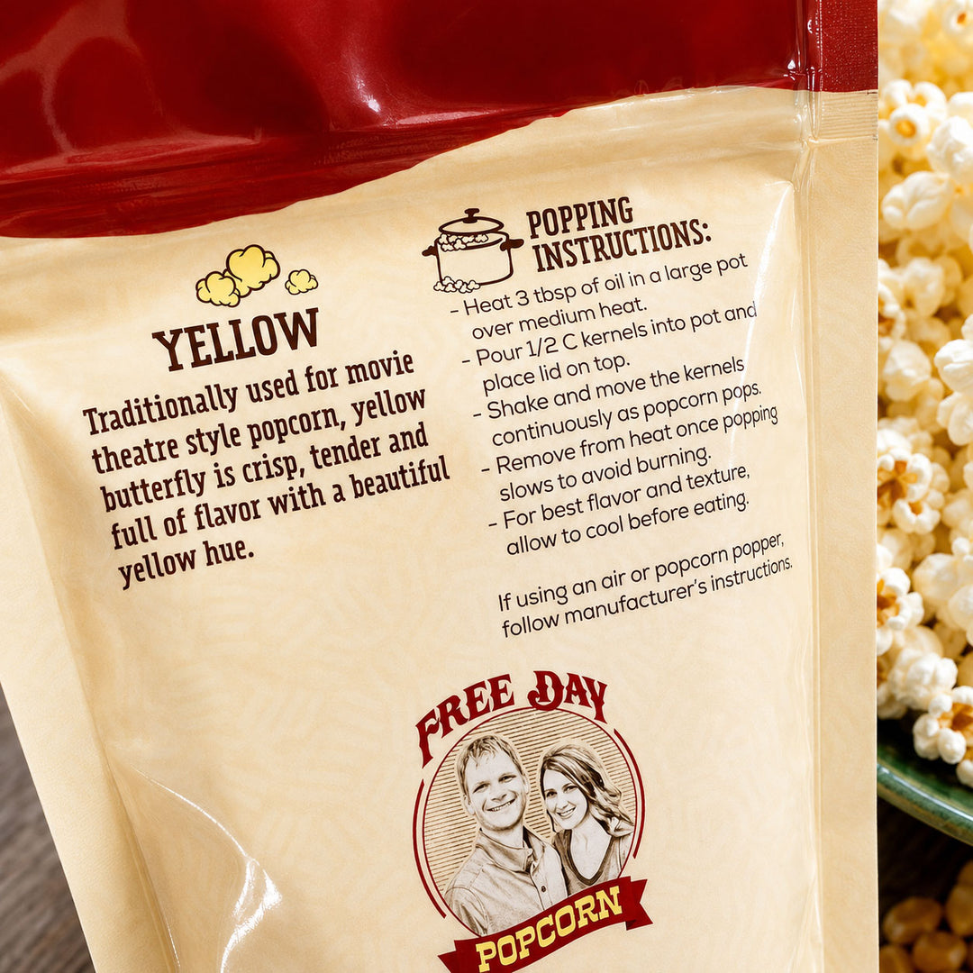 Popcorn bag with popping instructions and 'Free Day Popcorn' branding.