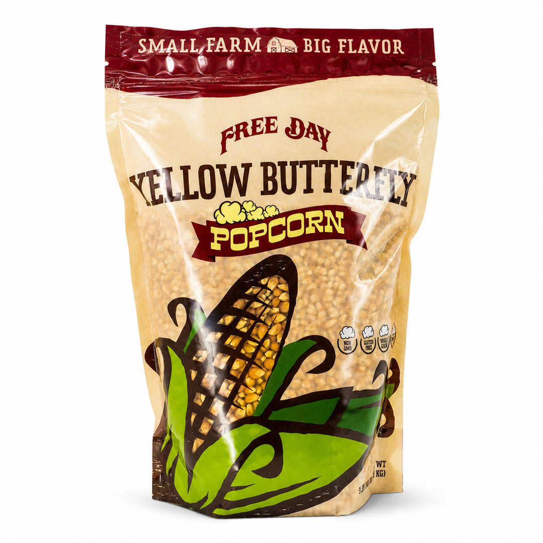 Bag of Free Day Yellow Butterfly Popcorn with corn illustration on a white background