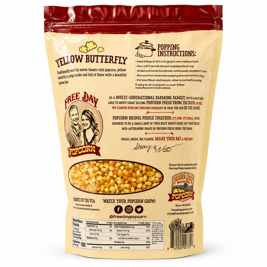 Yellow Butterfly popcorn bag with popping instructions and branding on a white background