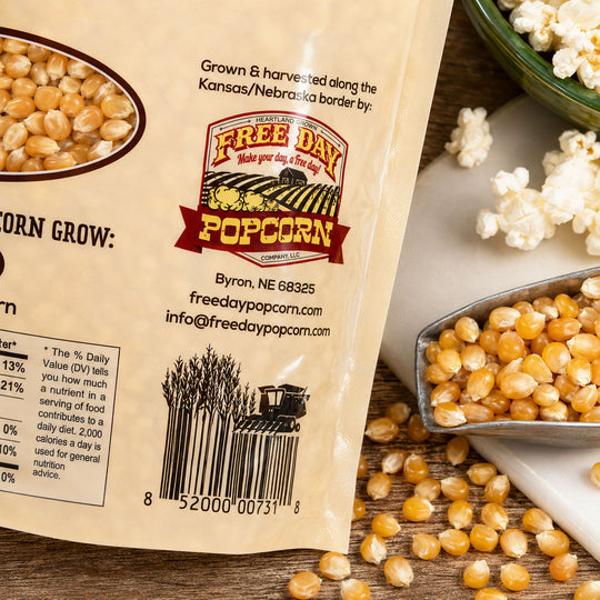Free Day Popcorn packaging with popcorn kernels and a bowl of popcorn on a wooden surface.