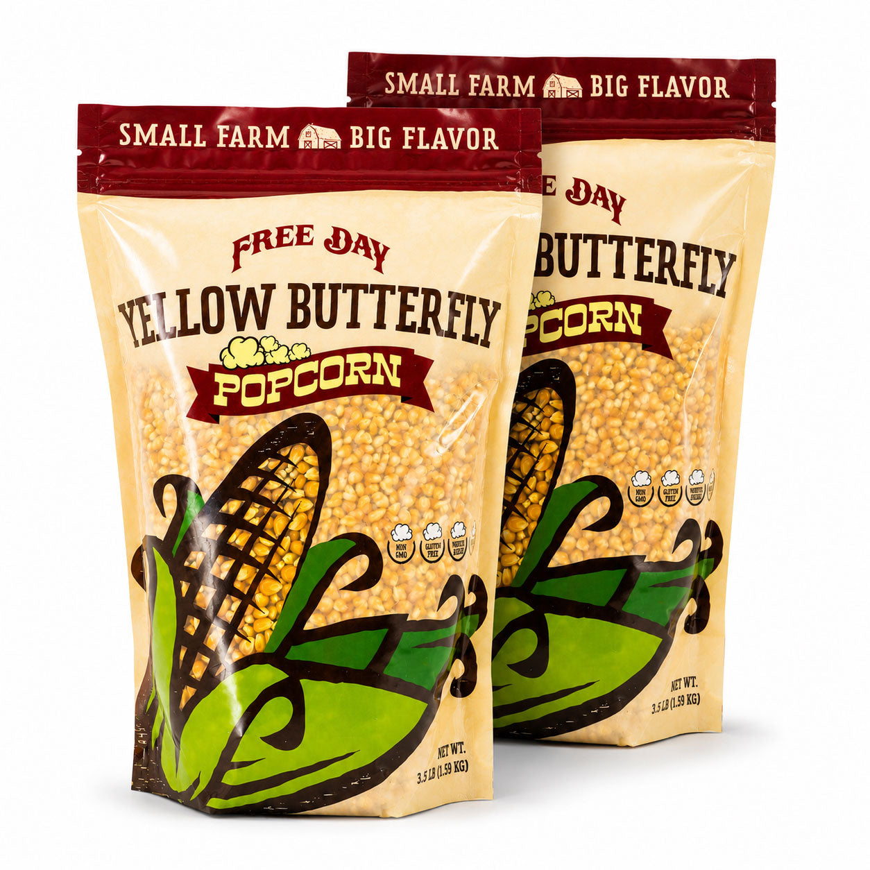 Two packages of Free Day Yellow Butterfly Popcorn on a white background