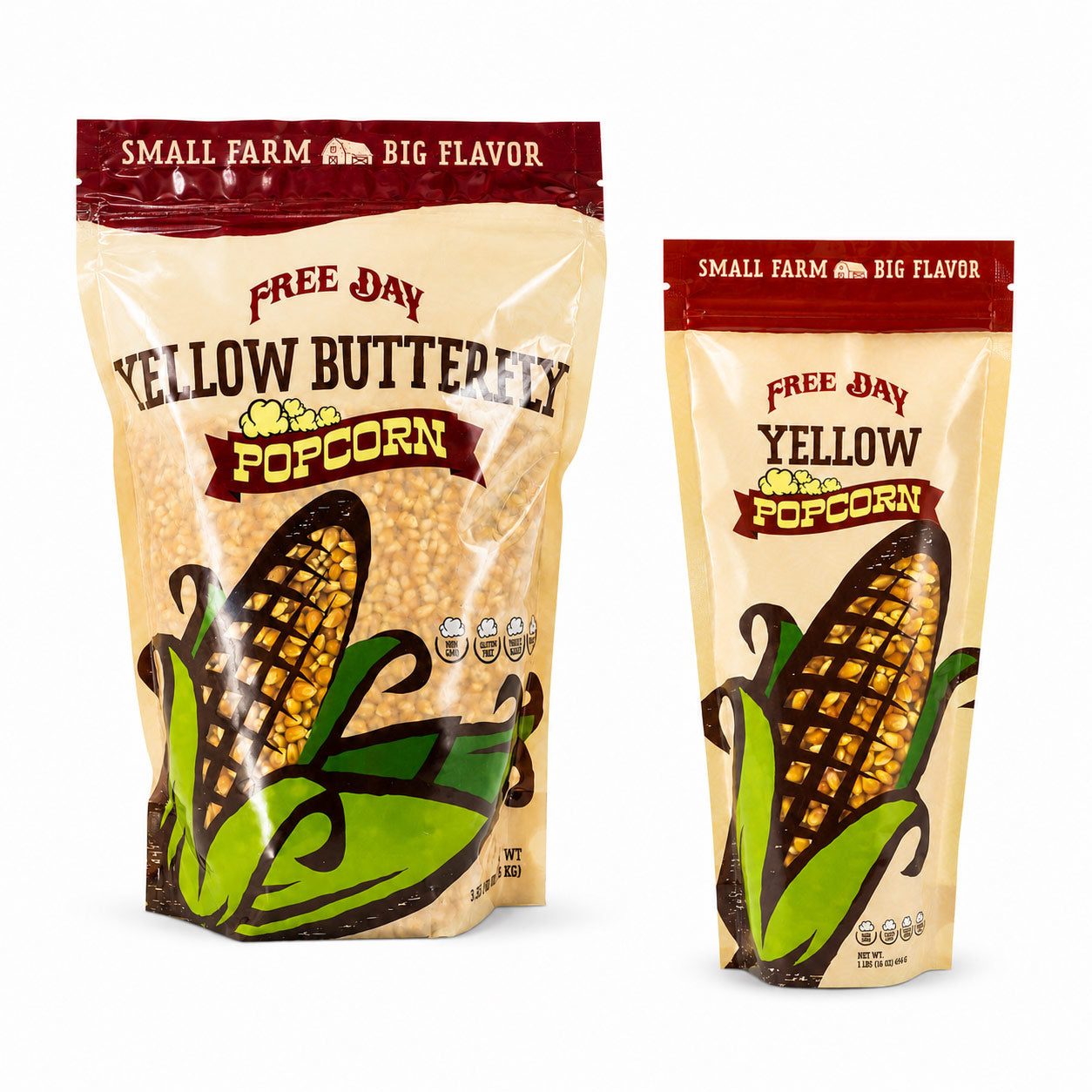 Two packages of Free Day Yellow Butterfly Popcorn on a white background