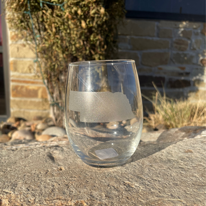 Nebraska Etched Stemless Wine Glass