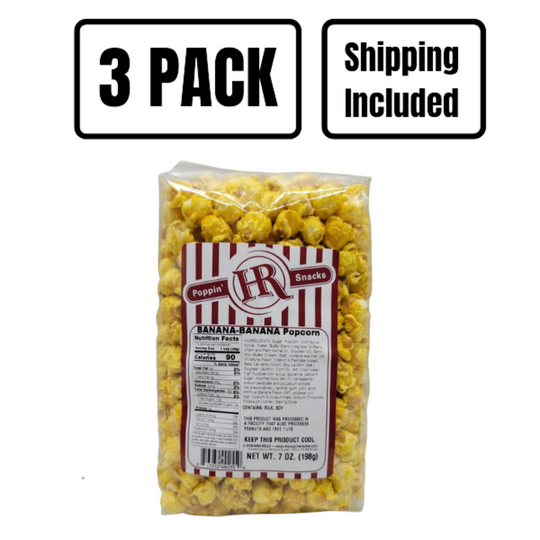 Banana Popcorn | 7 oz. | 3 Pack | Shipping Included | Ripe Banana Infused Kernels | Made in Gibbon, NE | HR Poppin' Snacks