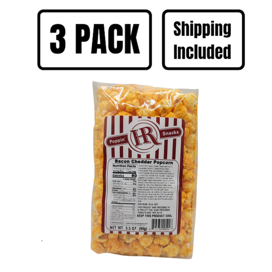 Bacon Cheddar Popcorn | 3.5 oz. | Pack of 3 | Shipping Included | Sizzlin' Bacon & Cheese Popcorn | Made in Gibbon, NE | HR Poppin' Snacks