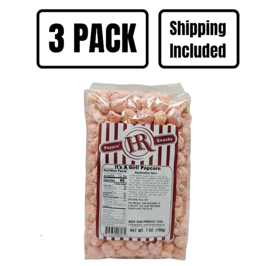 It's A Girl Pink Popcorn | 7 oz. | 3 Pack | Shipping Included | Marshmallow Flavor | Pink Party | Made in Gibbon, NE | HR Poppin' Snacks