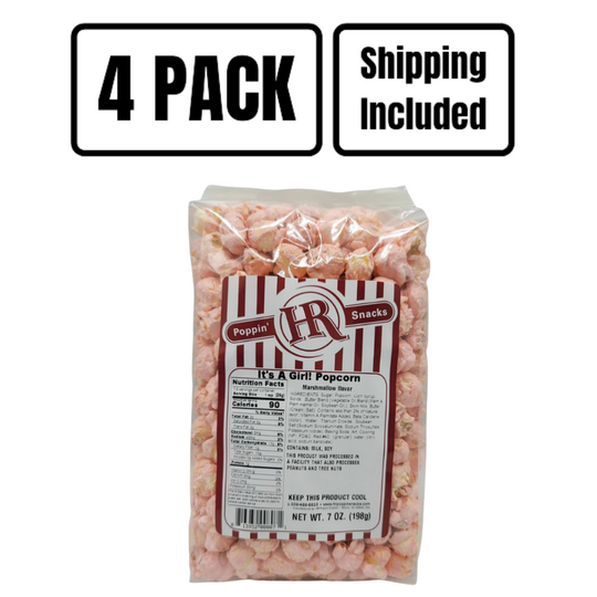 It's A Girl Pink Popcorn | 7 oz. | 4 Pack | Shipping Included | Pink Party Popcorn | Marshmallow Flavored | Made in Gibbon, NE | HR Poppin' Snacks