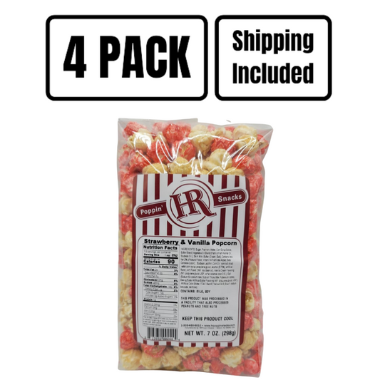 Strawberry & Vanilla Popcorn | 7 oz. | 4 Pack | Shipping Included | Luscious Strawberries And Creamy Vanilla | Made in Gibbon, NE | HR Poppin' Snacks