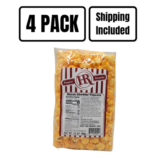 Bacon Cheddar Popcorn | 3.5 oz. | Pack of 4 | Shipping Included | Savory & Smoky Snack | Made in Gibbon, NE | HR Poppin' Snacks