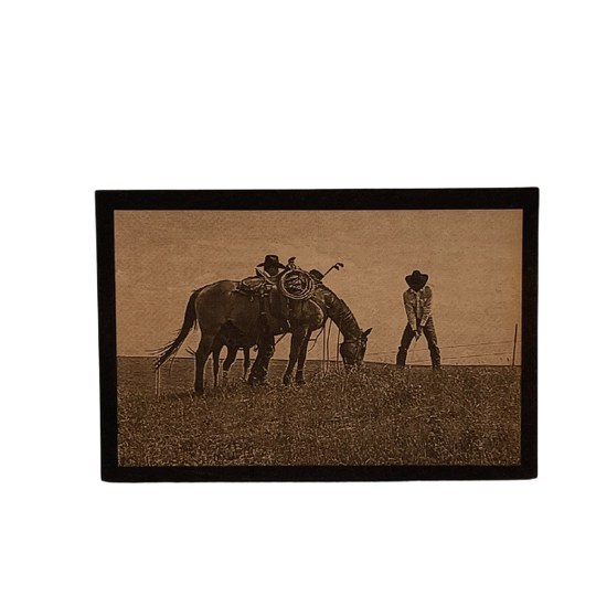 Wood Printed Photograph Of Two Cowboys Golfing In A Field Alongside A Grazing Horse 