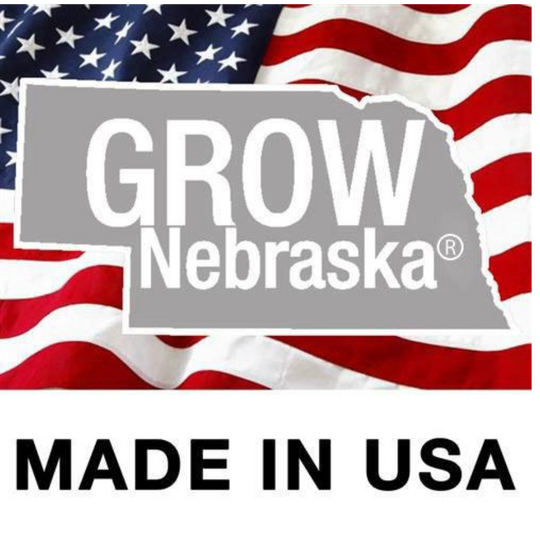 GROW Nebraska Made In USA Logo On An American Flag Background