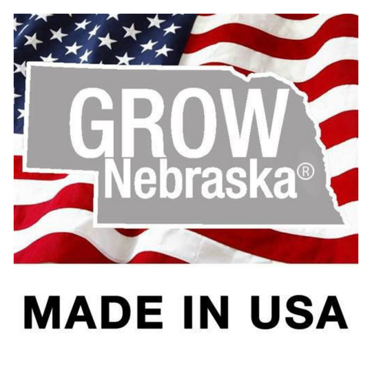 GROW Nebraska Made In USA Logo On An American Flag Background