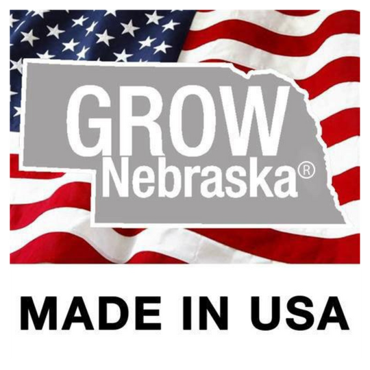 GROW Nebraska Made In USA Logo On An American Flag Background