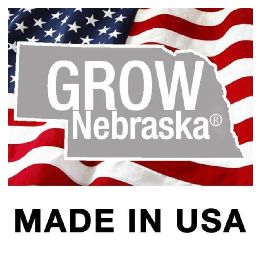 GROW Nebraska Made In USA Logo On An American Flag Background