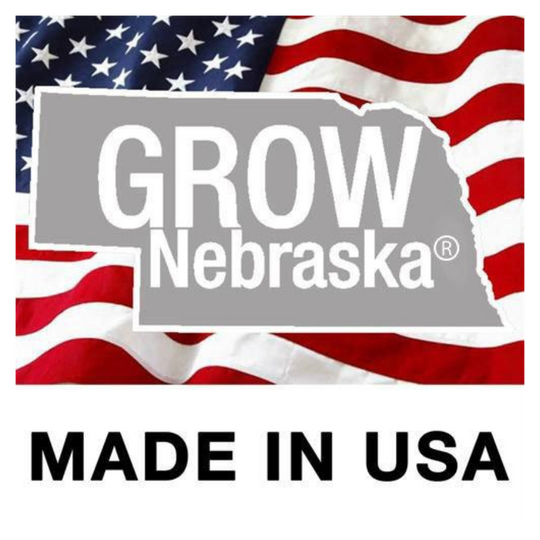 GROW Nebraska Made In USA Logo On An American Flag Background