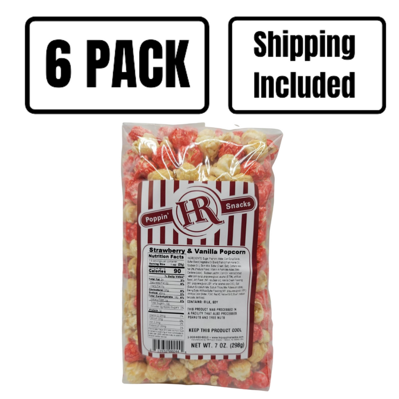 Strawberry & Vanilla Popcorn | Strawberry Shortcake Flavor | Fresh Strawberries With Sweet Vanilla Cream Popcorn | Perfect, Unique Party Snack | Made in Small Batches | Party Popcorn  | Pack of 6 | Shipping Included