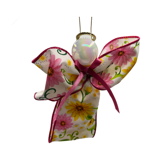 Angel Ornament | Pink Floral Bow | Adds A Charming Touch To Any Christmas Tree | Nebraska Handmade Ornament | Bright, Floral Holiday Decoration