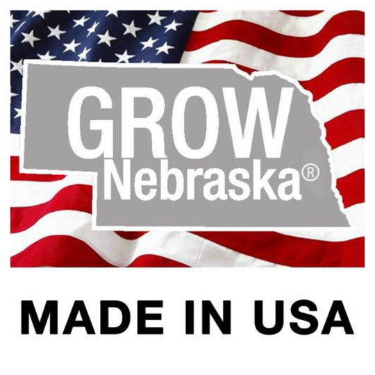 GROW Nebraska Made In USA Logo On An American Flag Background