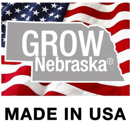 GROW Nebraska Made In USA Logo On An American Flag Background