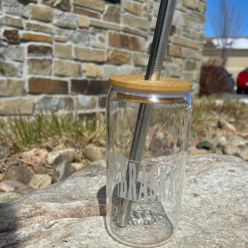 Nebraska Etched Iced Coffee Glass  | Bamboo Lid and Straw Included | Nebraska Tourist Attraction  | Size 16oz | Transparent White Print
