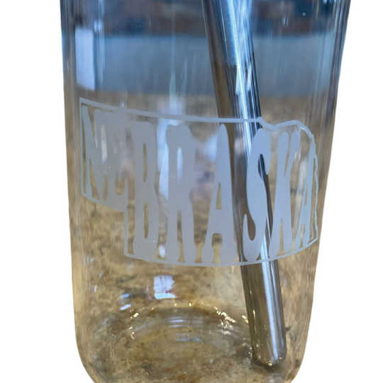 Nebraska Etched Iced Coffee Glass  | Bamboo Lid and Straw Included | Nebraska Tourist Attraction  | Size 16oz | Transparent White Print